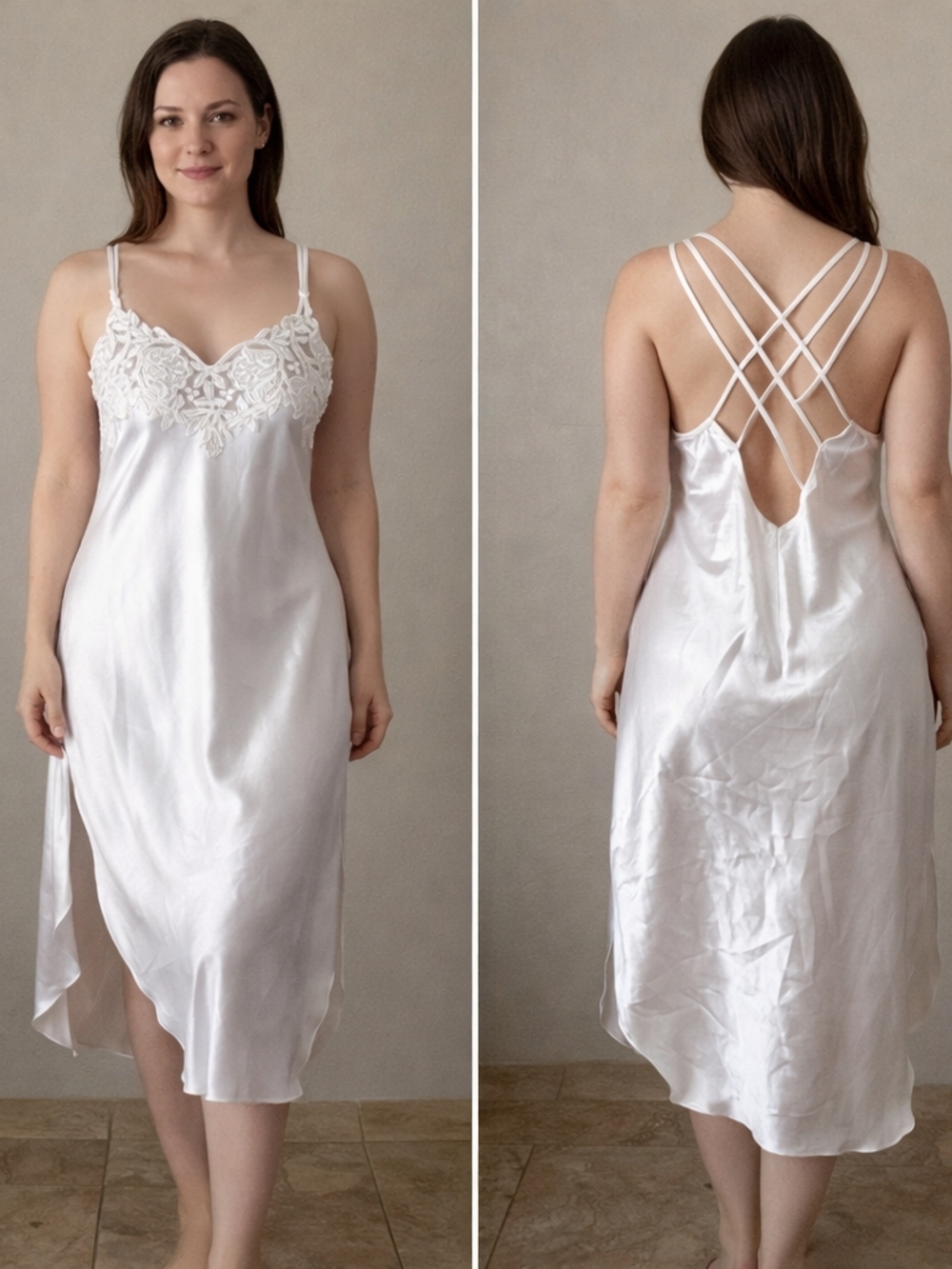Bright  White Vintage Alexandra Nicole Satin Lace Bridal Trusseu Nightgown Med